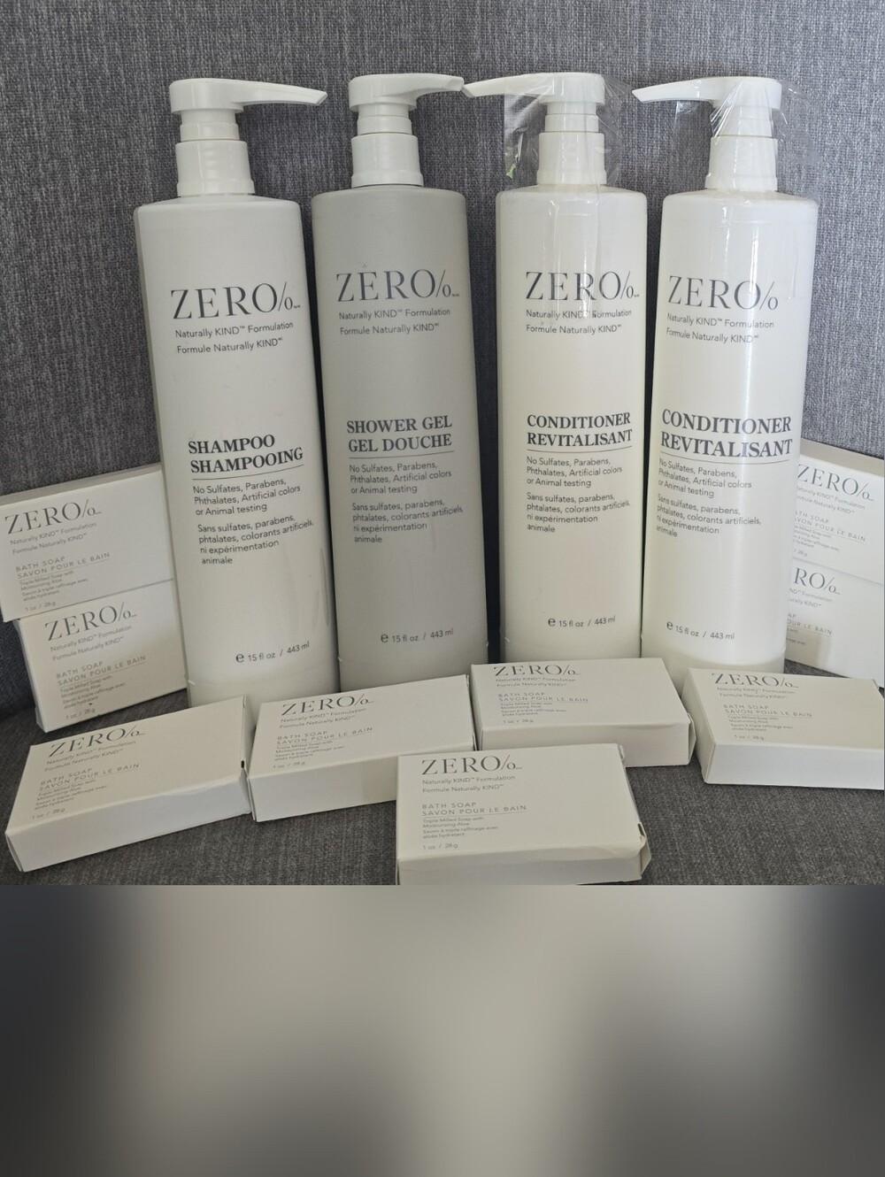 Zero % Naturally KIND Spa Shampoo, Conditioner, Shower Gel, And Soap Bundle